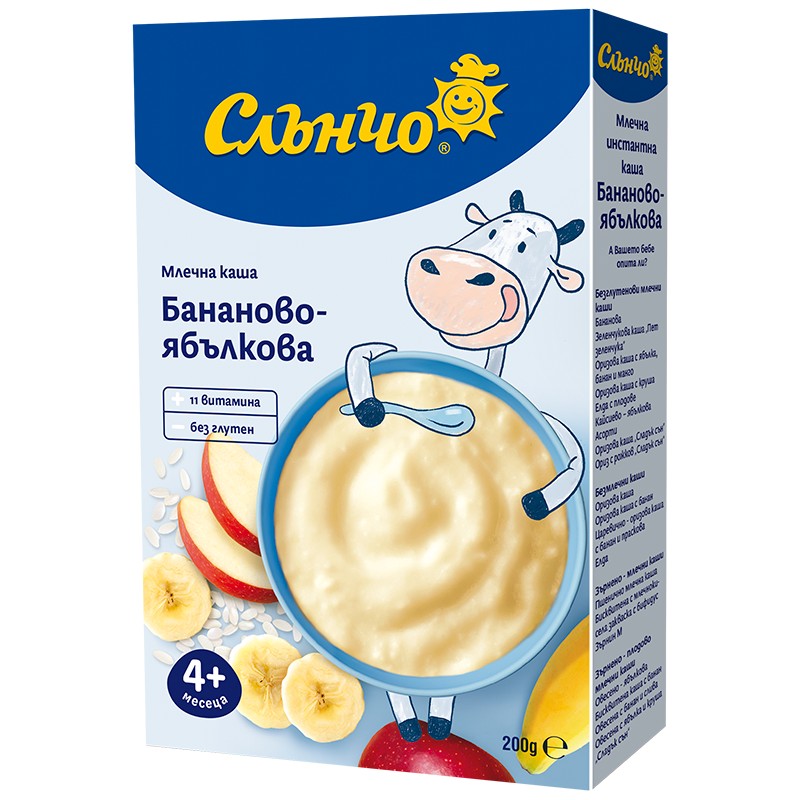 Каша Слънчо Млечна Бананово-Ябълкова Безглутенова 4м+