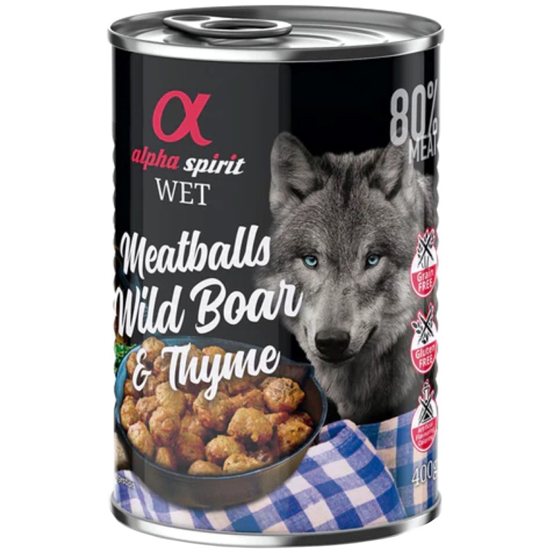 Храна за Кучета Alpha Spirit Кюфтенца Диво Прасес Мащерка Консерва