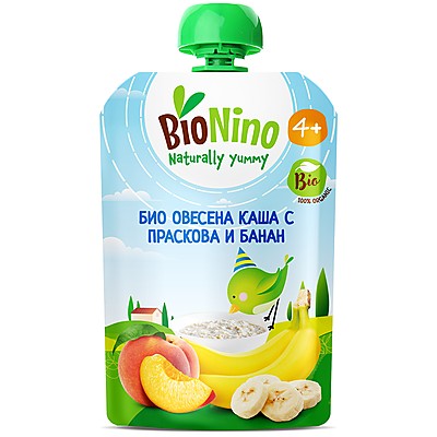 Био Плодова Закуска BioNino с Овесена Каша, Праскови и Банан 4м+