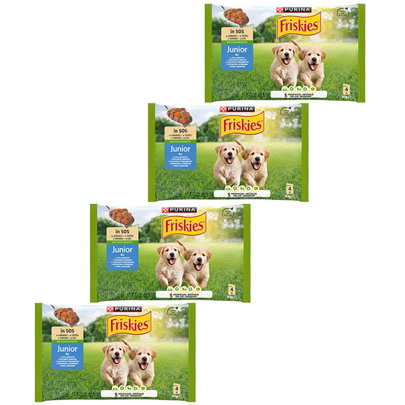 ХРАНА ЗА КУЧЕ ФРИСКИС ЈУНИОР СО ПИЛЕШКО И МОРКОВ ВО СОС 4 Х 85 ГР